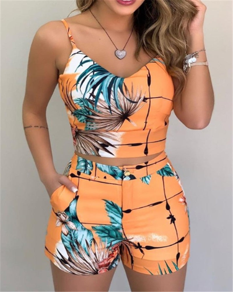 Summer Women Fashion 2-piece Outfit Set Sleeveless Print Top and Shorts Set for Ladies Women Party wear - 2bazar4