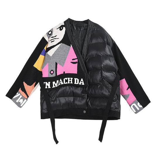 Knitted Letter Patchwork Stitched Lace Up Winter Outwear Jacket All Match Loose Leisure Warm Overcoat - 2bazar4