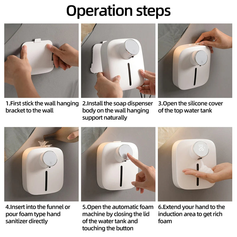 Wall-mounted Automatic Soap Dispenser Multifunctional Infrared Sensor LED Digital Display Touchless Foam USB Rechargeable - 2bazar4