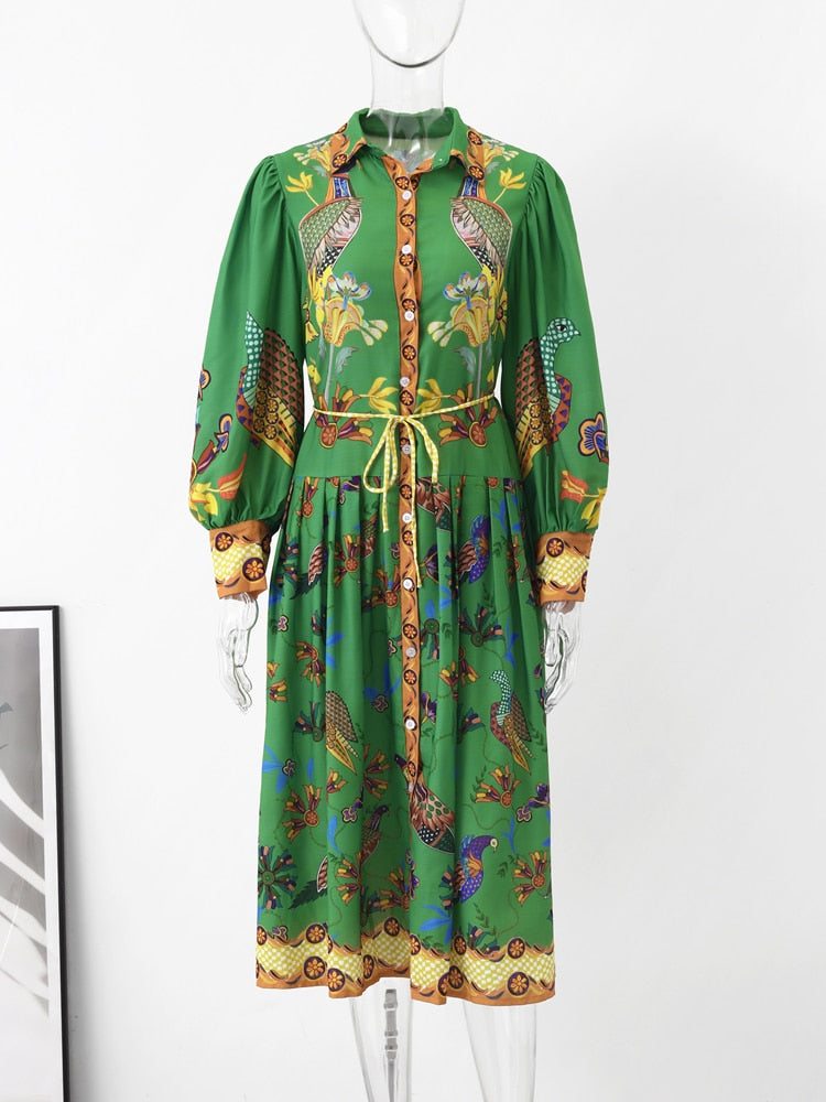 Birds Flower Printed Long Dress Women Belts Single Breasted Big Swing Holiday Long Lantern Sleeve Dresses Summer A-line Robe