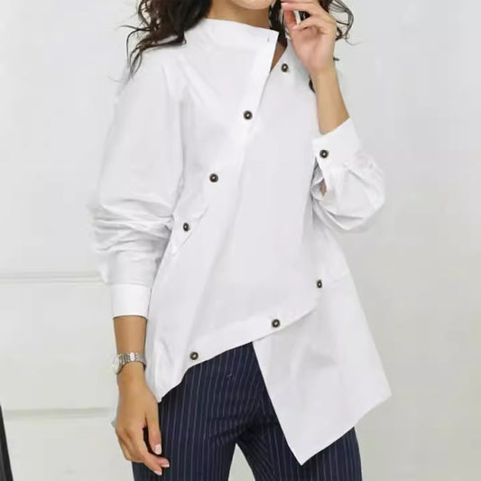 European and American women's fashion personalized button asymmetrical women's shirt long sleeved casual sloping collar top - 2bazar4