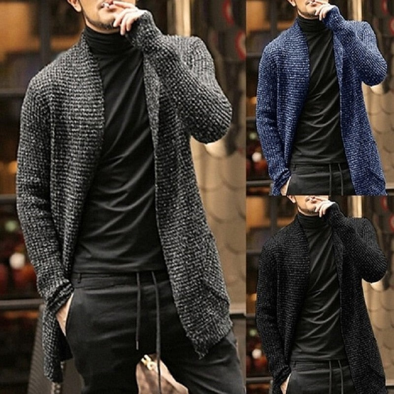 Knitted Cardigan Sweater Men Autumn Mens Long Sweater Jacket Casual Slim Fit Trench Knitwear Sweaters Streetwear Tops Gray - 2bazar4