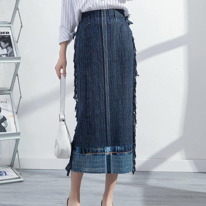 Pleated Hip Skirt New Women's Spring Fashion Large Size Casual Stretch Drape Imitation Denim Pleated Skirt - 2bazar4