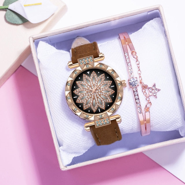 New Fashion Leather Strap Watch Women Quartz Watch Romantic Starry Sky Wrist Watch Bracelet Set for Women Gift Wrist Accessories - 2bazar4