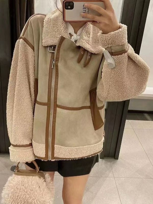 Autumn/Winter Women's Warm Spliced Leather Fur One Piece Coat Women's Autumn/Winter Women'Main fabric composition: polyester--XS:  Bust 122cm       sleeve  72cm          length 63cm--S: Bust 126cm       sleeve  73cm          length 64cm   --M:  Bust 130cm