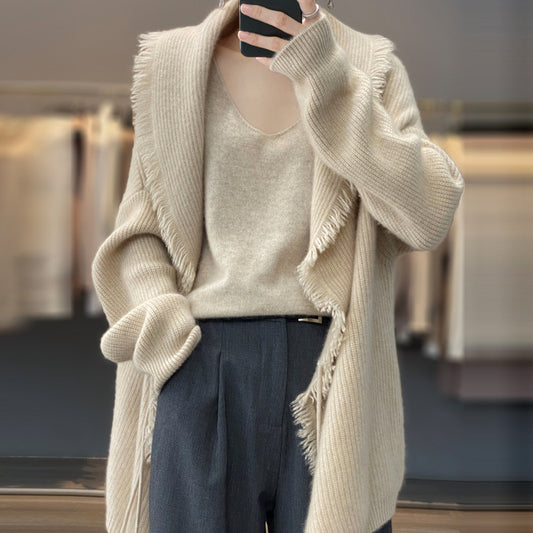 Japanese lazy style mid length tassel sweater for women, casual soft and sticky knitted cardigan - 2bazar4