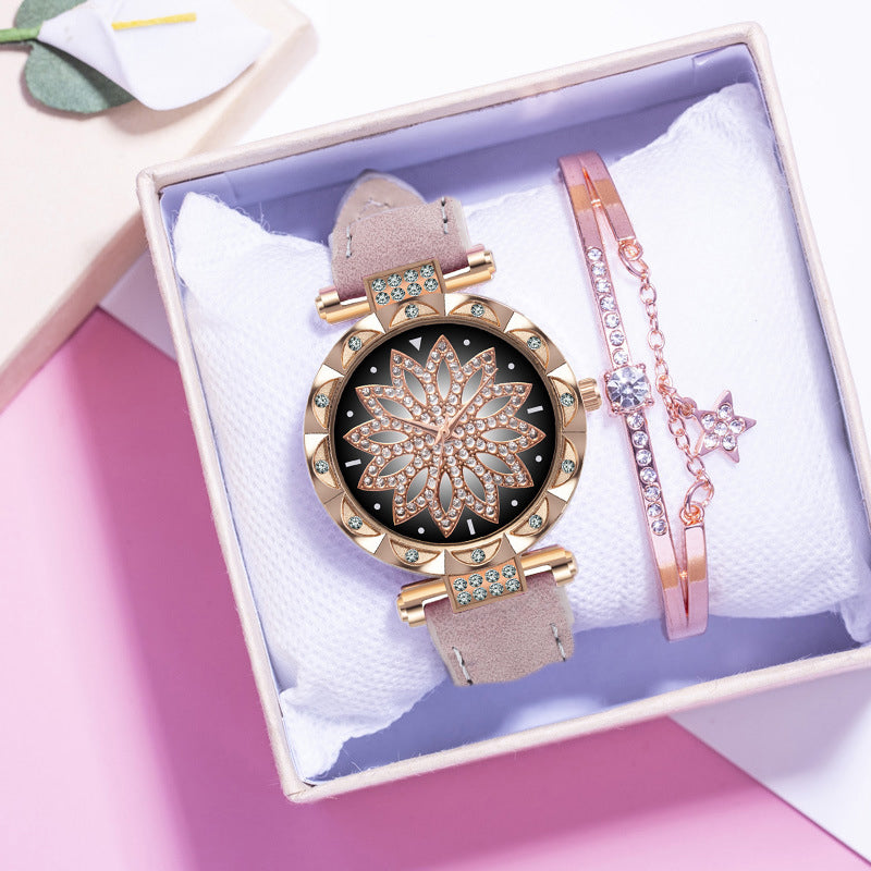 New Fashion Leather Strap Watch Women Quartz Watch Romantic Starry Sky Wrist Watch Bracelet Set for Women Gift Wrist Accessories - 2bazar4