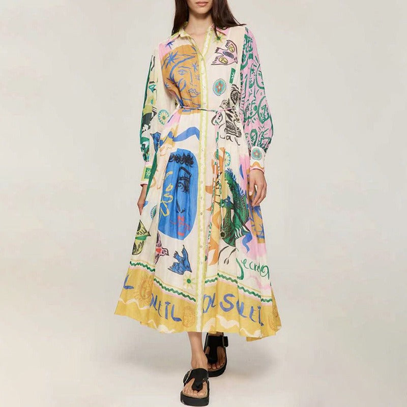 French court-style long skirt for women trendy autumn new fashionable lapel lantern sleeve lace-up ruffle dress