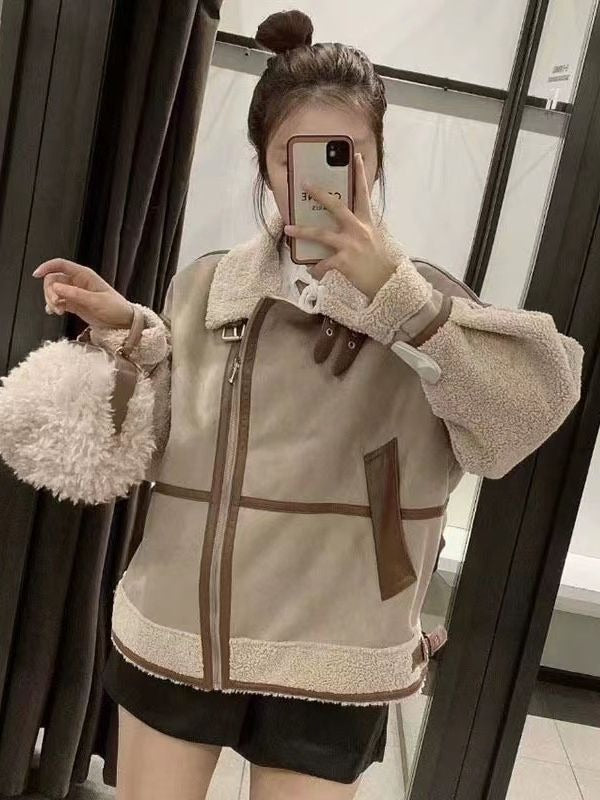 Autumn/Winter Women's Warm Spliced Leather Fur One Piece Coat Women's Autumn/Winter Women'Main fabric composition: polyester--XS:  Bust 122cm       sleeve  72cm          length 63cm--S: Bust 126cm       sleeve  73cm          length 64cm   --M:  Bust 130cm