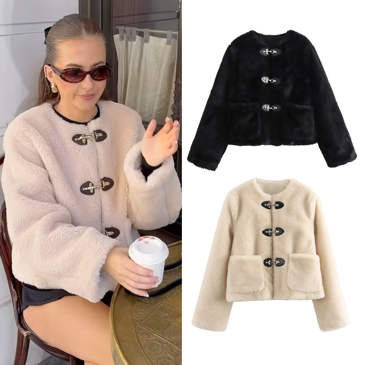 Women's new spring buckle decoration fleece jacket jacket top women's jacket
