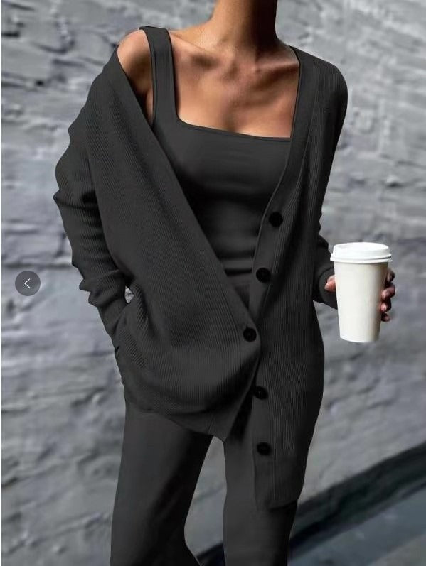 Solid color knitted jacket three piece set - 2bazar4