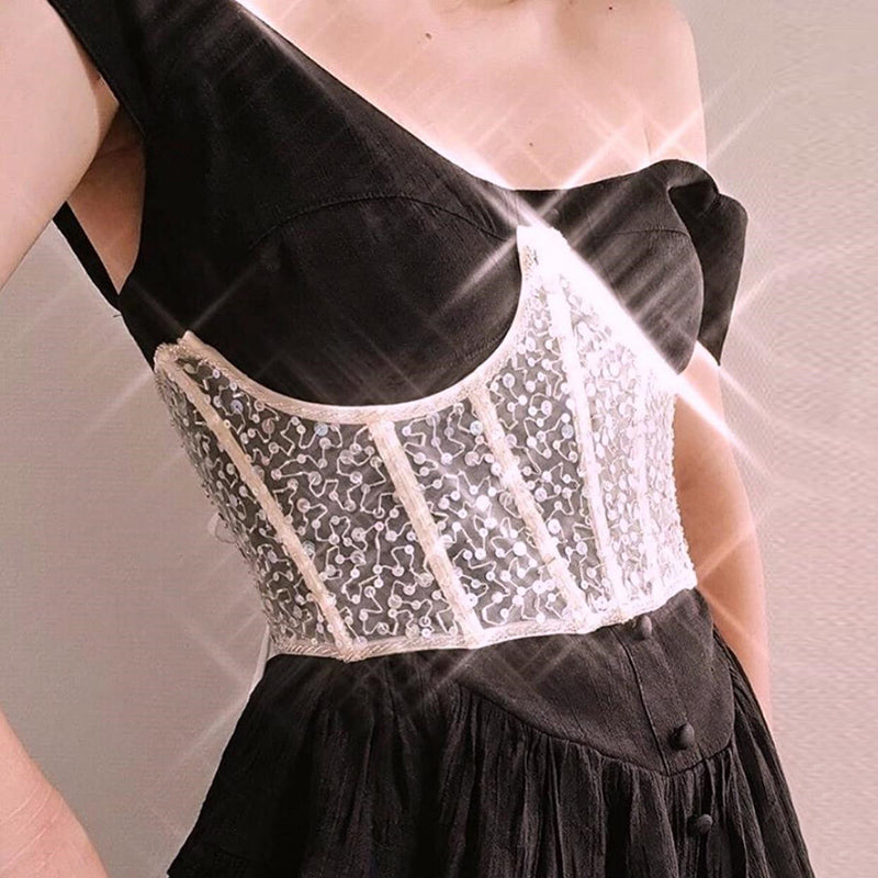 Spring Fashion Lace Up Slim Corset Women Sexy Crystal Sequins Mesh Lace Clothing Lady Streetwear Bodycon Top - 2bazar4