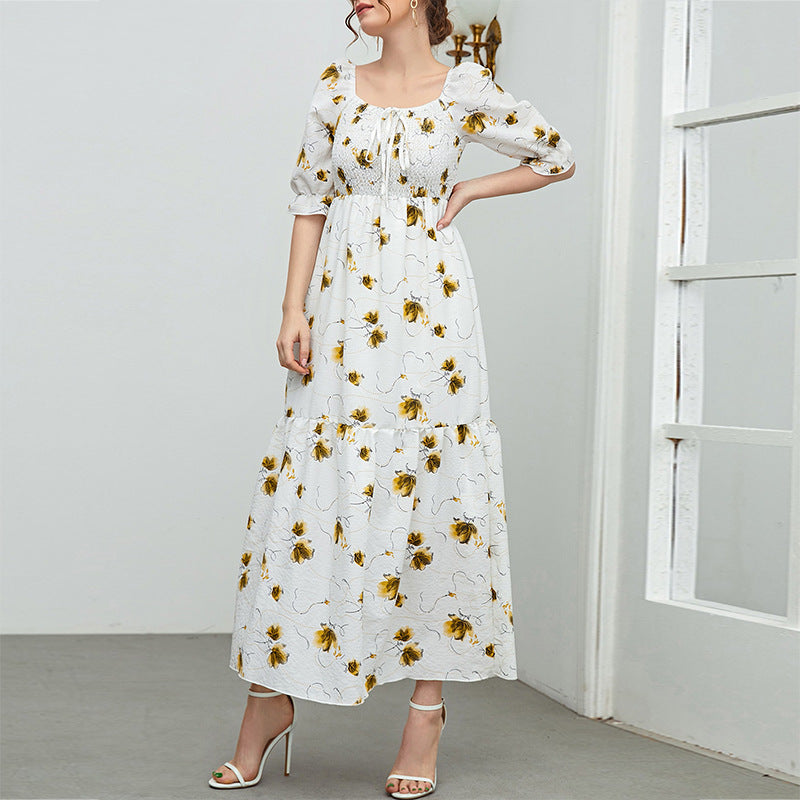 Summer Women's Floral Dress Slim Long Skirt Chiffon Pleated Skirt - 2bazar4