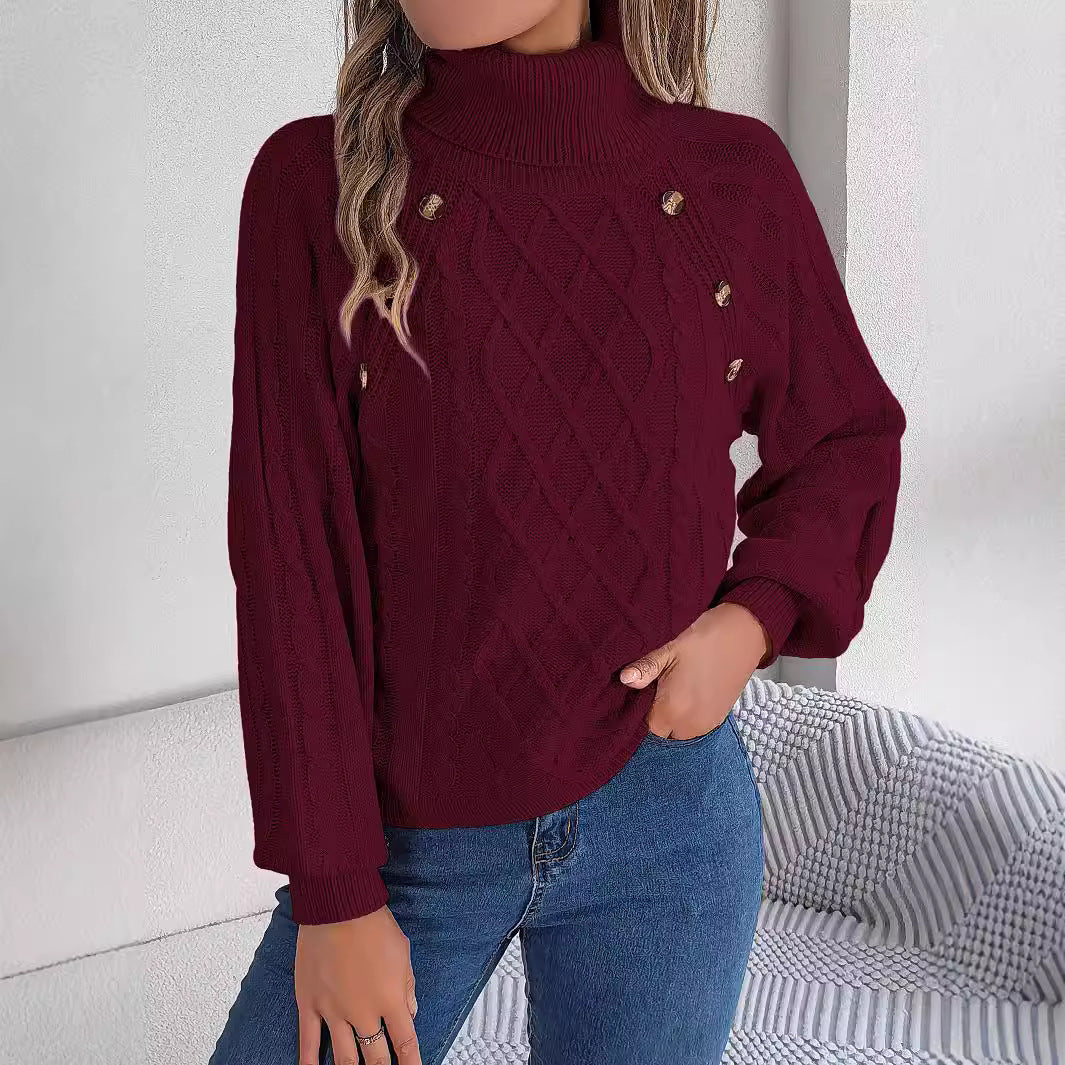 Women's autumn and winter fashion casual solid color button twist high collar lantern sleeve pullover sweater - 2bazar4