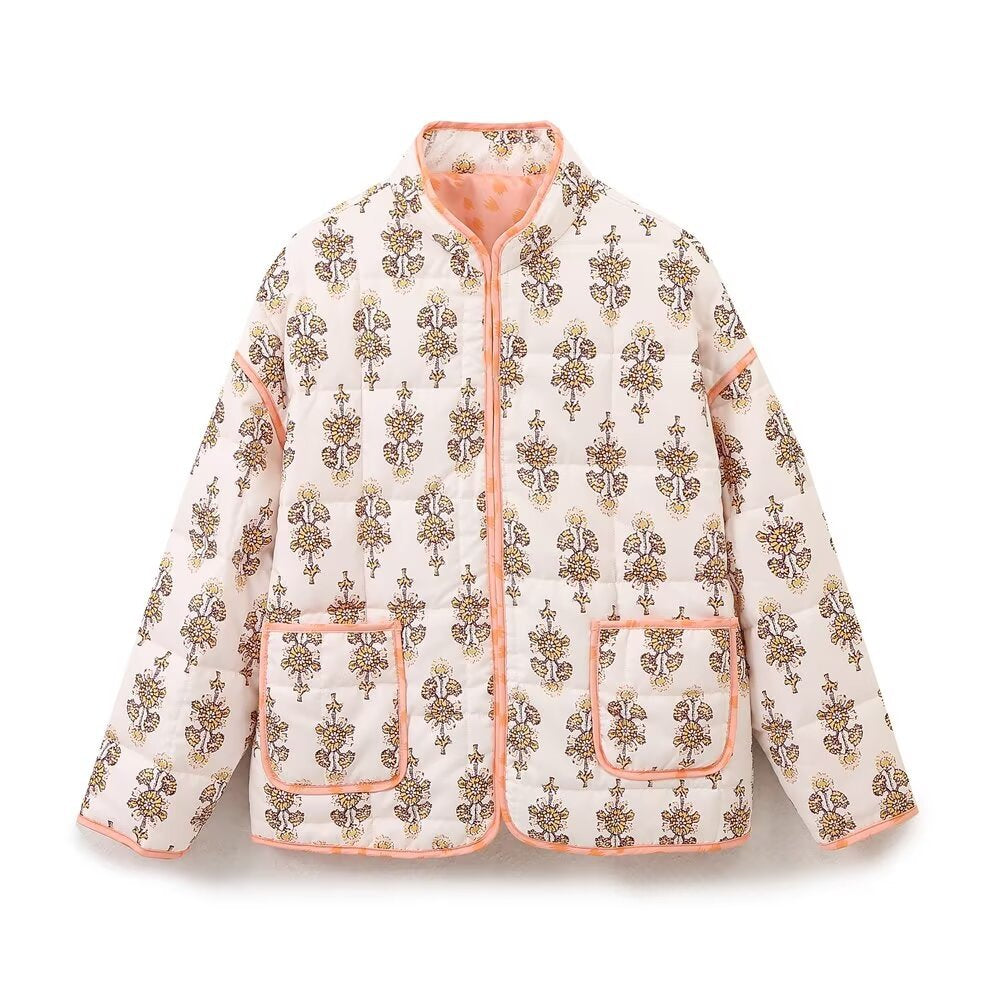 Autumn and winter women's clothing new European and American style stand collar loose printed thin casual cotton jacket for women - 2bazar4