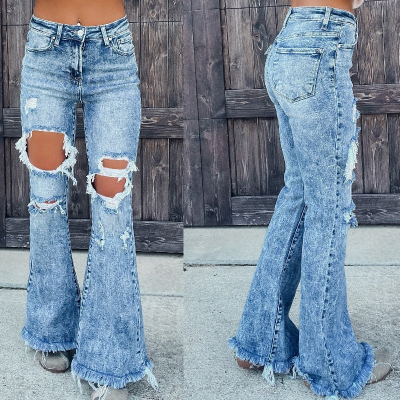Autumn European and American casual distressed water washed micro flared pants jeans - 2bazar4