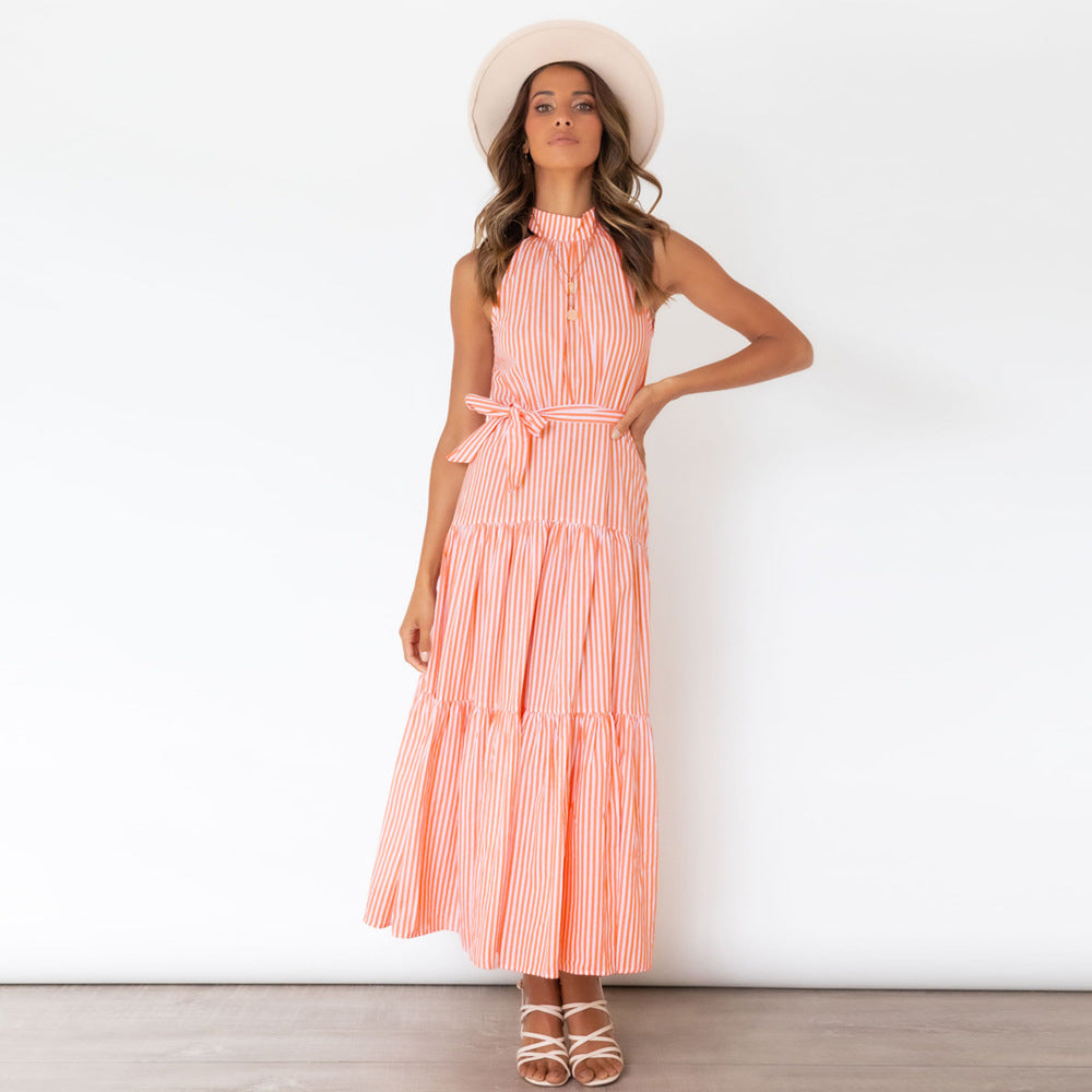 Summer New Striped Halterneck Dress Slim Temperament Long Skirt For Women - 2bazar4