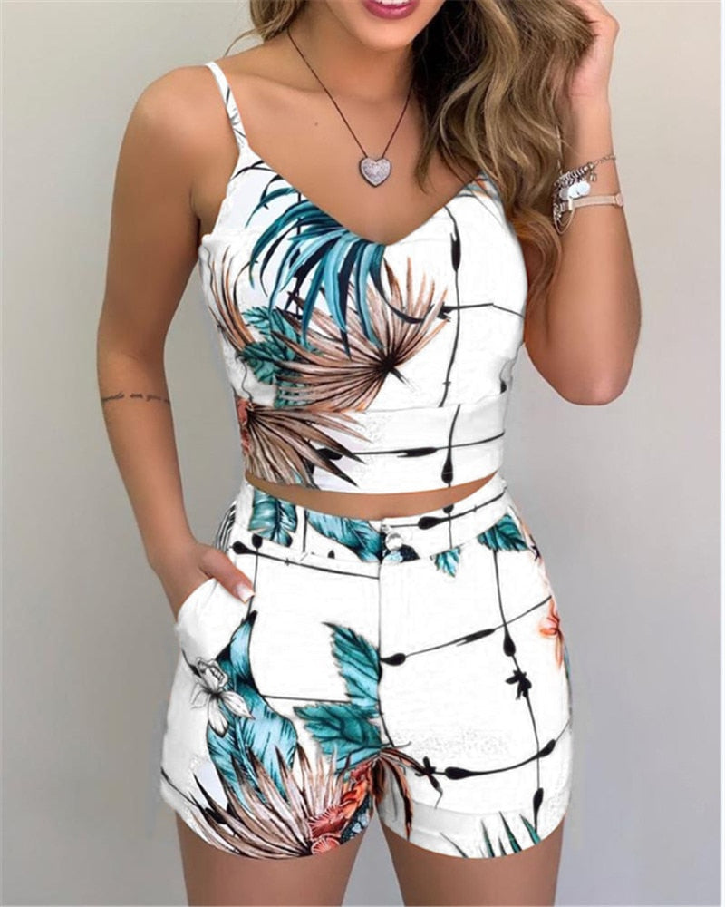 Summer Women Fashion 2-piece Outfit Set Sleeveless Print Top and Shorts Set for Ladies Women Party wear - 2bazar4