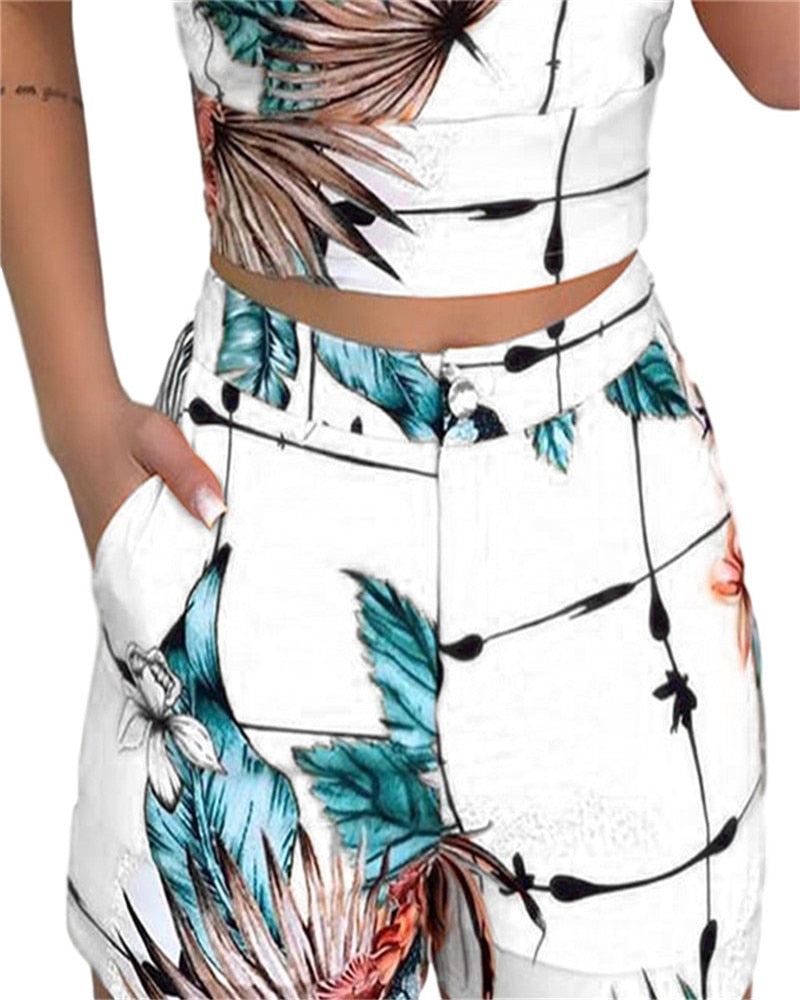 Summer Women Fashion 2-piece Outfit Set Sleeveless Print Top and Shorts Set for Ladies Women Party wear - 2bazar4