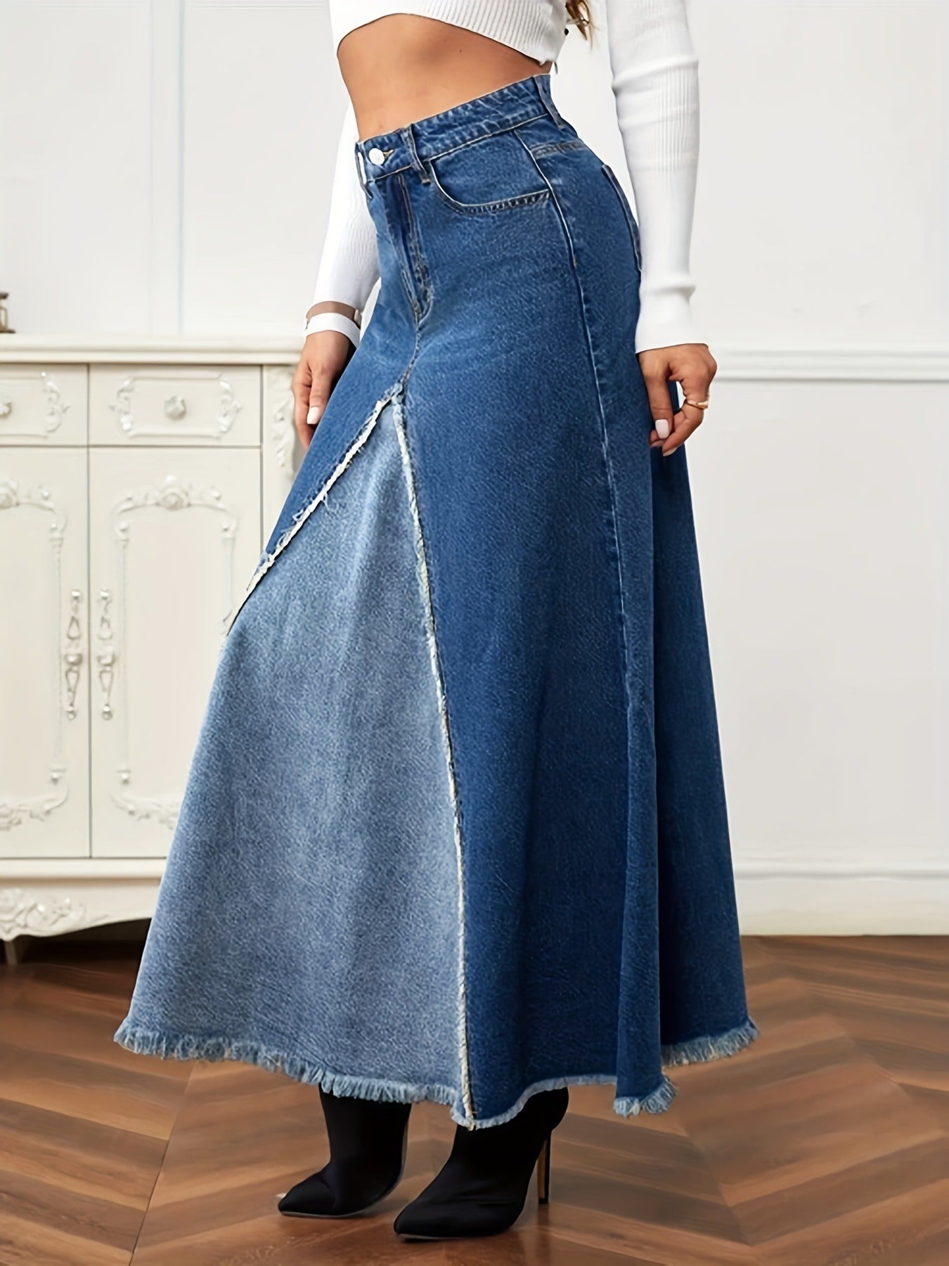 Autumn New Women's Denim Long Skirt Fashion Loose Spliced Denim Swing Skirt - 2bazar4