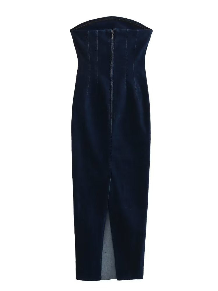 Summer Back Slit Dress Sexy Slim Backless Strapless Dress Female Long Denim Dress - 2bazar4
