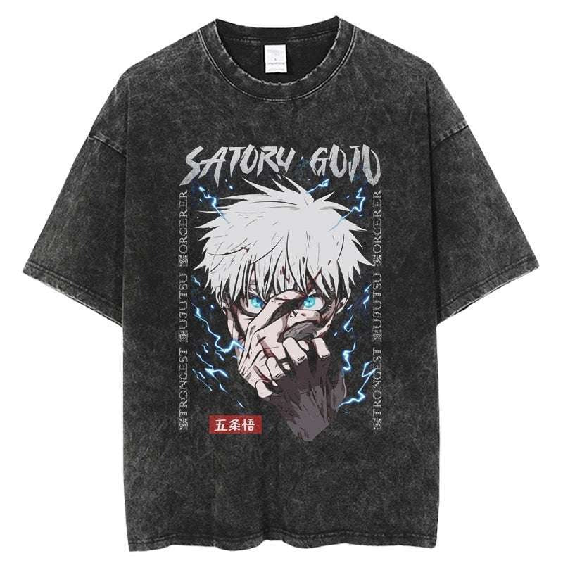 Distressed cotton washed summer retro printed short-sleeved T-shirt anime Gojo Satoru men's and women's short-sleeved shirt eprolo