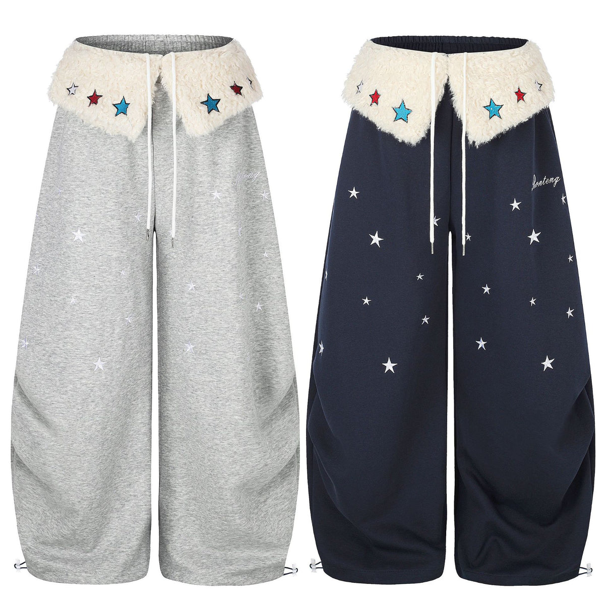 Star Embroidered Wide-Leg Sweatpants with Drawstring Waist and Cuffable Hem