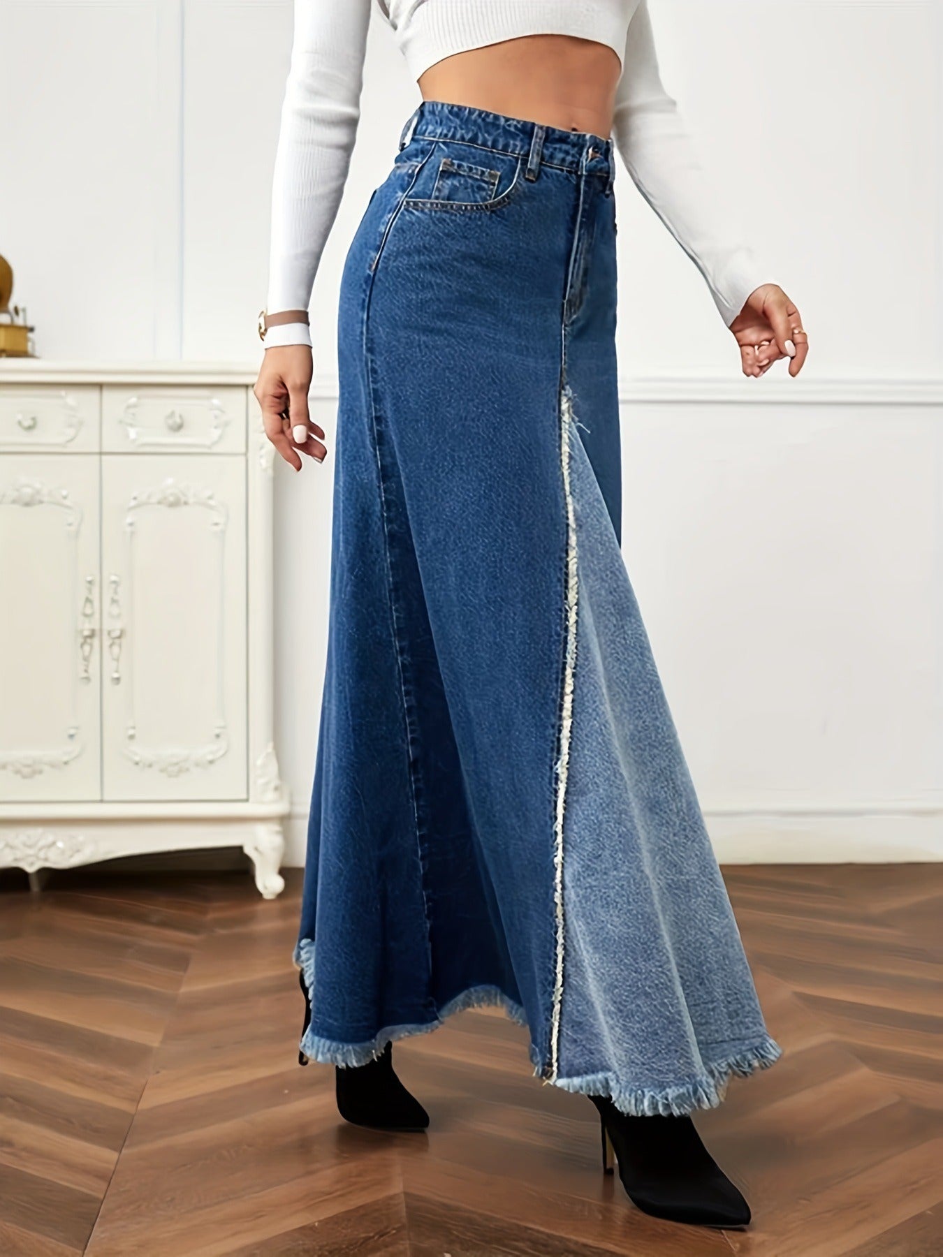 Autumn New Women's Denim Long Skirt Fashion Loose Spliced Denim Swing Skirt - 2bazar4