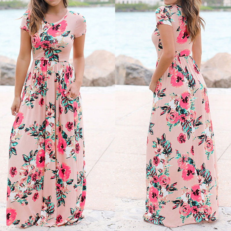 Women Long Maxi Dress Summer Floral Print Boho Beach Dress Short Sleeve Evening Party Dress Tunic Vestidos Plus Size XXXL - 2bazar4