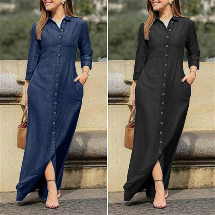 European And American Denim Dress New Shirt Collar Denim Button Dress For Ladies - 2bazar4