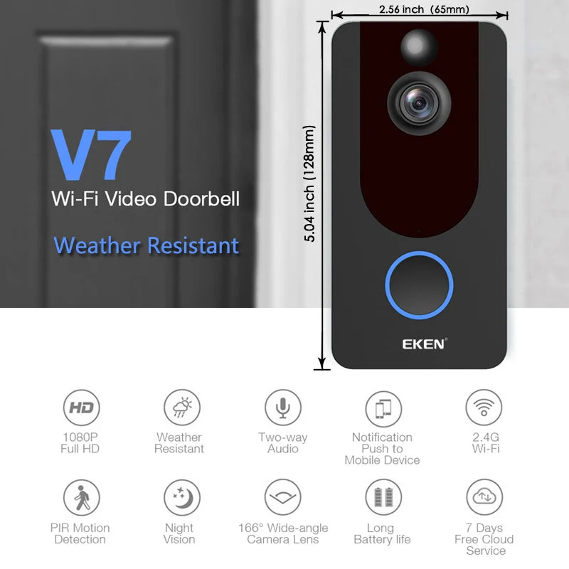 EKEN V7 HD 1080P Smart WiFi Video Doorbell Camera Visual Intercom Night vision IP Door Bell Wireless Security Camera - 2bazar4