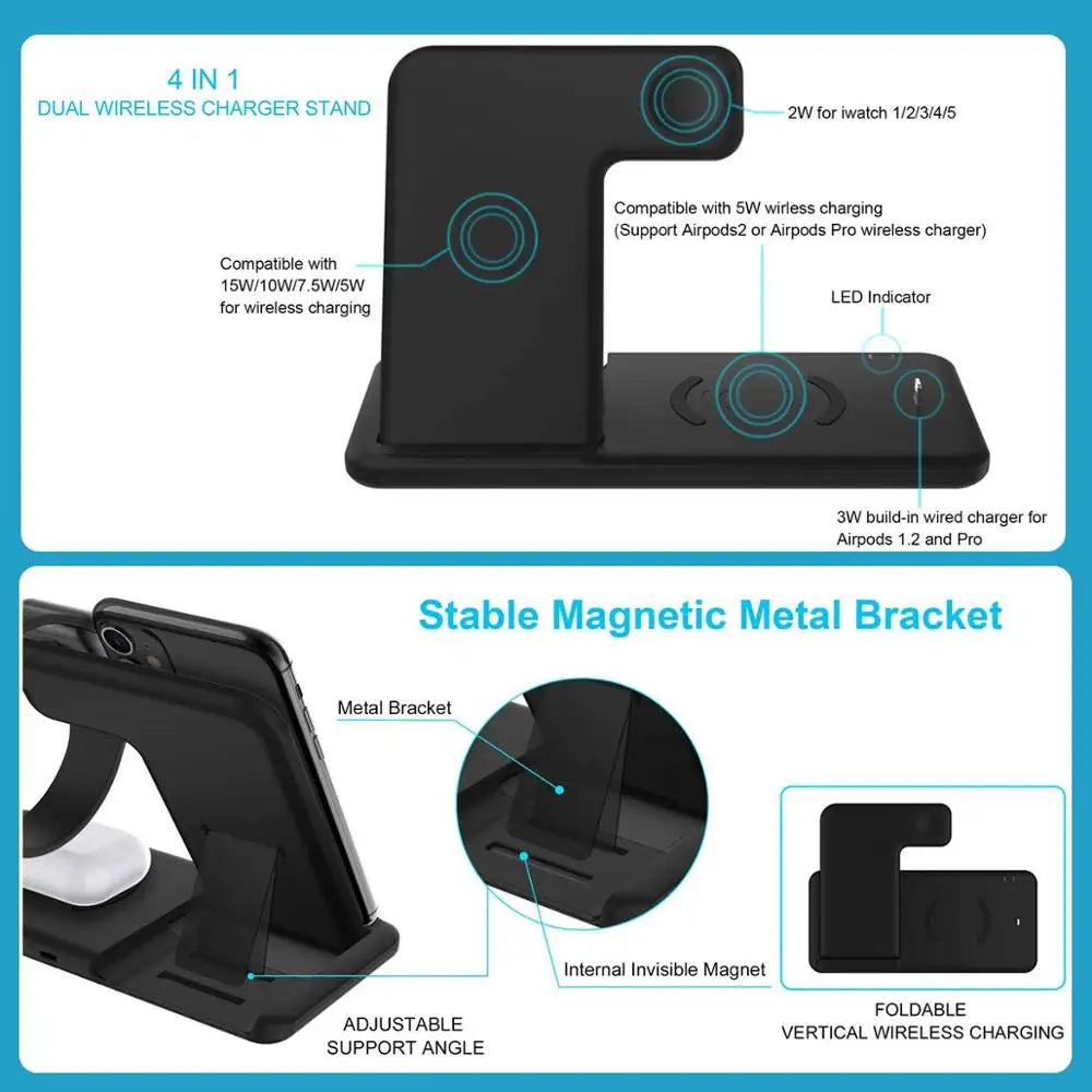 15W Qi Fast Wireless Charger Stand For iPhone 11 XR X 8 Apple Watch 4 1 Foldable Charging Dock StationProduct Description
	 【Foldable&Portable】The charging dock station thickness less than 0.6 inches when folded, just takes up little spaceis. The charger holder f