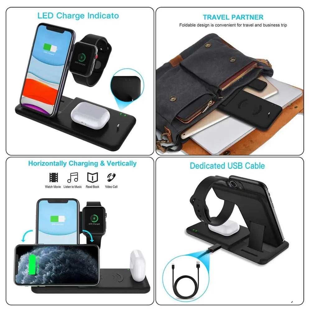 15W Qi Fast Wireless Charger Stand For iPhone 11 XR X 8 Apple Watch 4 1 Foldable Charging Dock StationProduct Description
	 【Foldable&Portable】The charging dock station thickness less than 0.6 inches when folded, just takes up little spaceis. The charger holder f