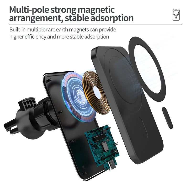 15w Magnetic Car Wireless Charger Phone Stand For Iphone 12 ProMax 12Mini Magsafe Car Holder - 2bazar4