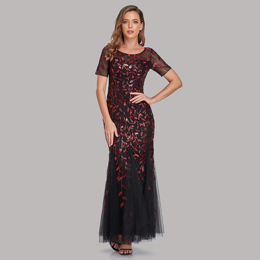 Slim fitting mesh sequin evening dress fishtail dress for women