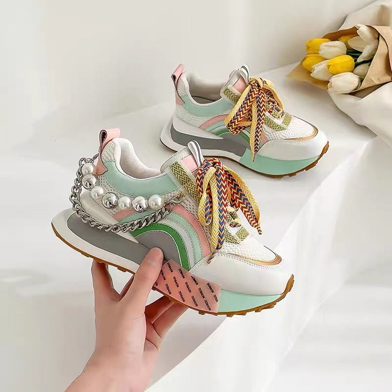 Women Leather Sneakers Lace Up Rainbow Colors Platform Shoes Pearls Chain - 2bazar4