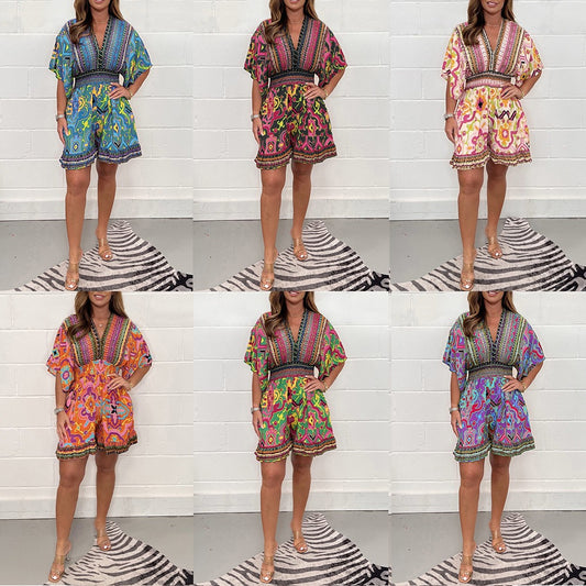 Women's short-sleeved printed V-neck ethnic style jumpsuit - 2bazar4