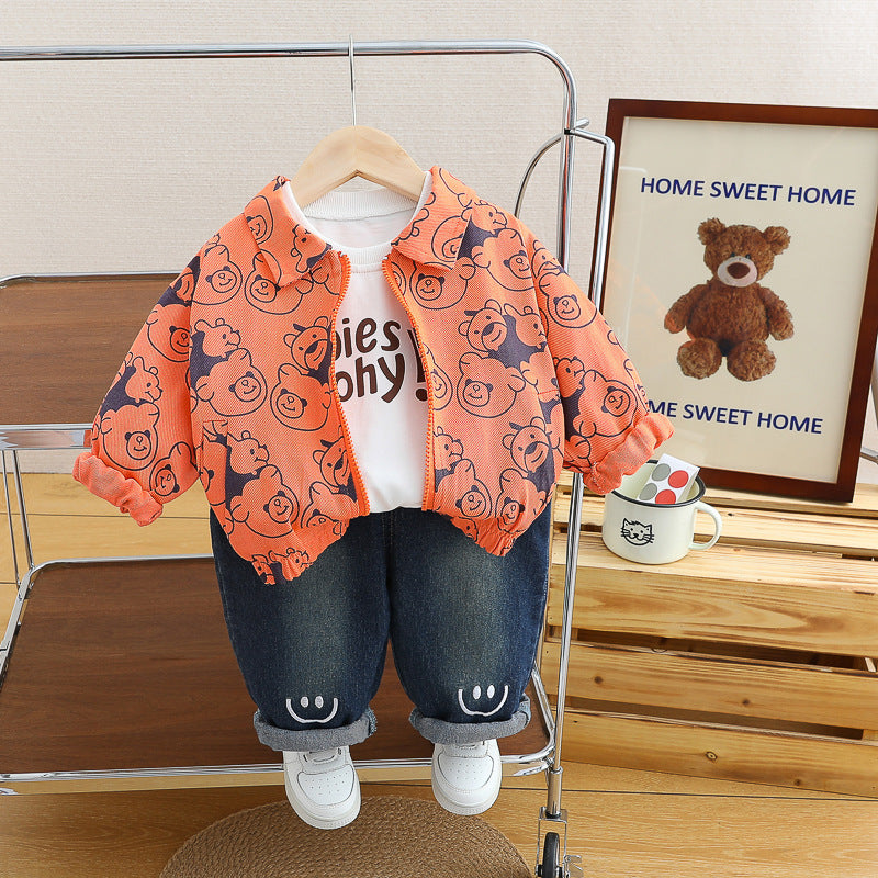 Toddler Bear Print 3-Piece Outfit Set – Zip Jacket & Trousers