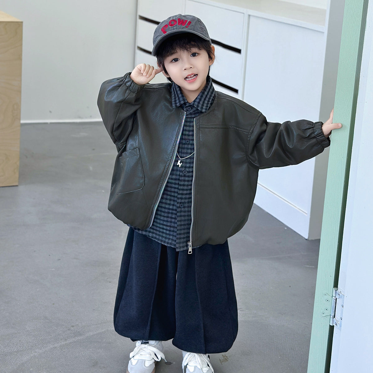 Boys Leather Jacket 3-Piece Set with Shirt and Striped Pants