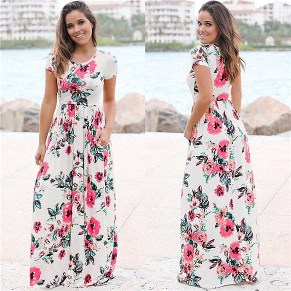 Women Long Maxi Dress Summer Floral Print Boho Beach Dress Short Sleeve Evening Party Dress Tunic Vestidos Plus Size XXXL - 2bazar4