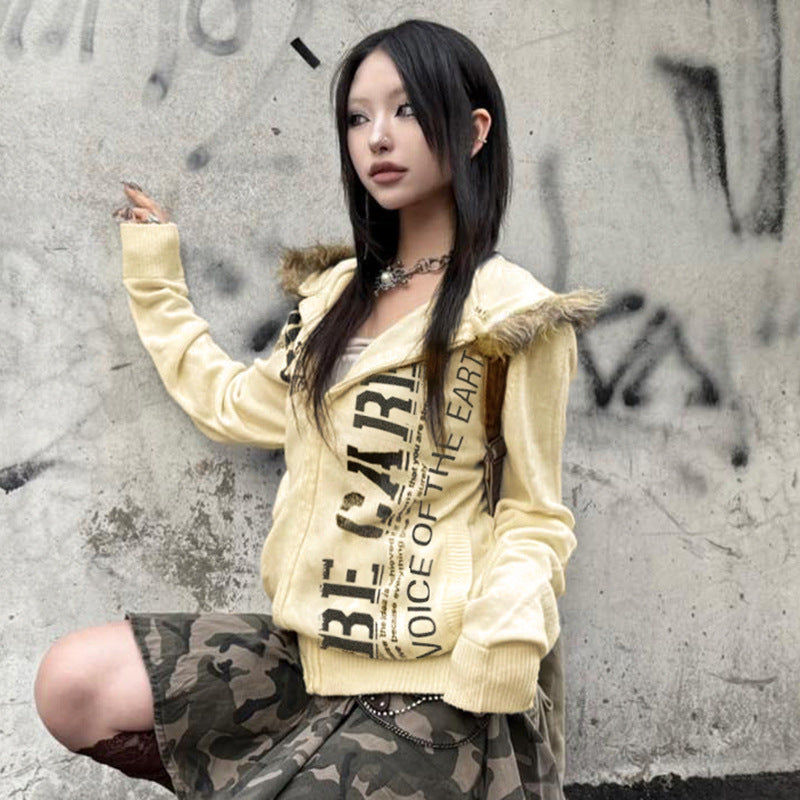 Memory YK Spicy Girl Personality Street Style Letter Fuzzy Patchwork Hooded Sweatshirt Women's Loose Casual Jacket
