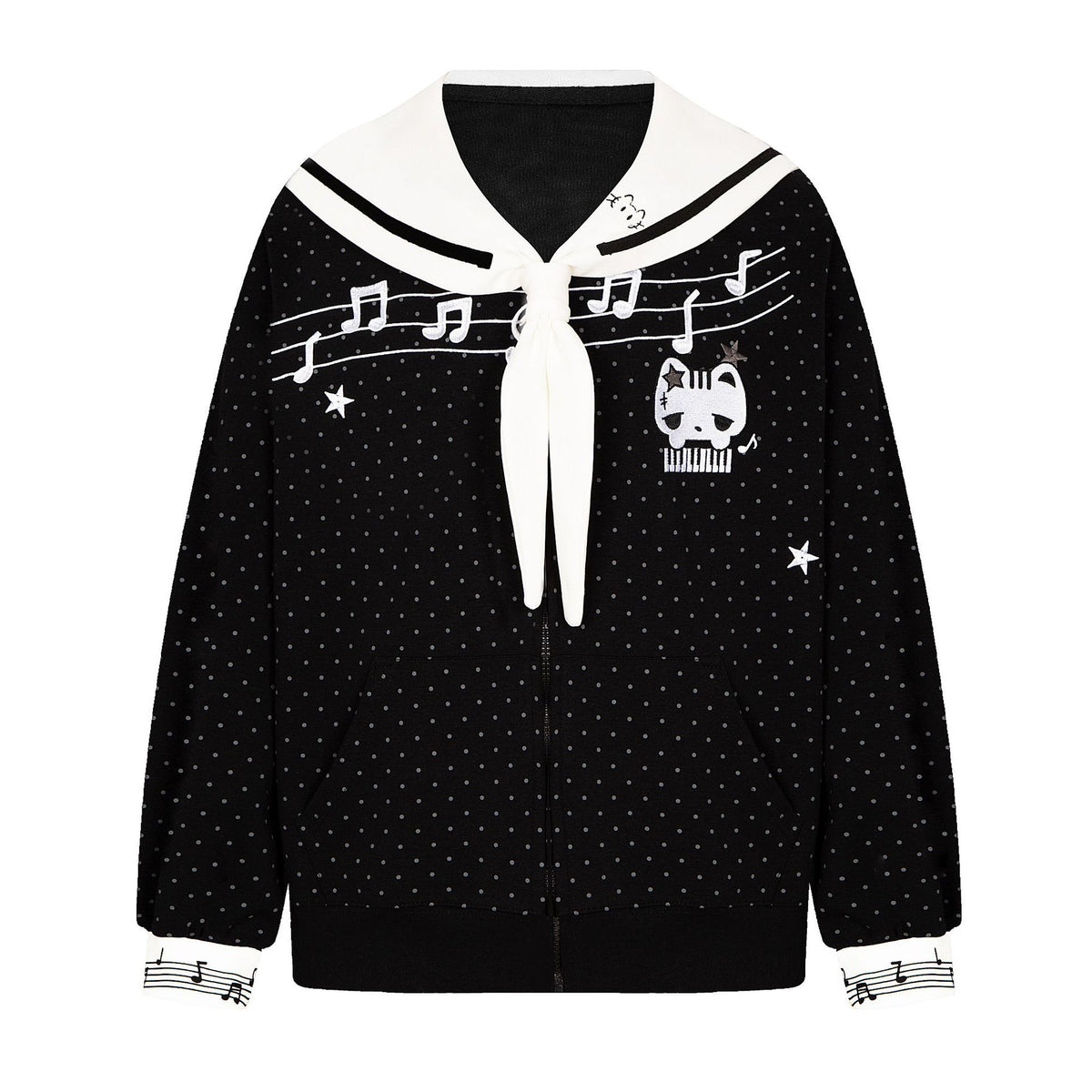 Polka Dot Zipper Sailor Collar Loose Fit Hoodie Jacket