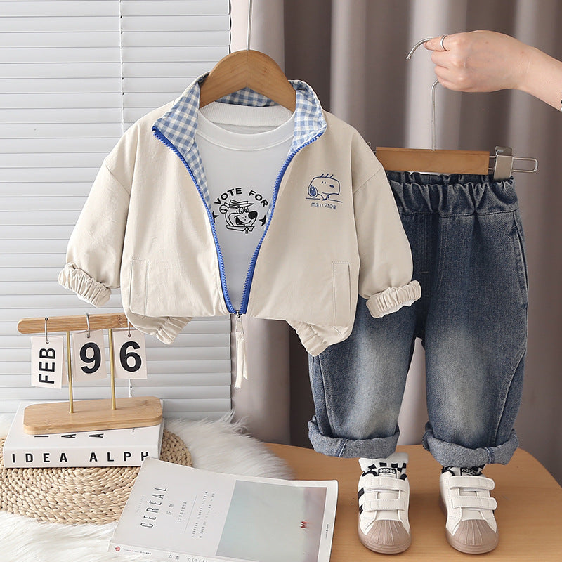 Casual Cartoon Printed Dog Head Zip-Up Jacket Three-Piece Set for Toddler Boys
