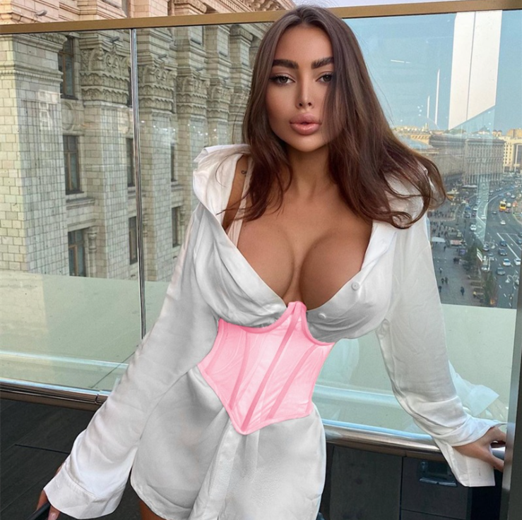 Spring Fashion Lace Up Slim Corset Women Sexy Crystal Sequins Mesh Lace Clothing Lady Streetwear Bodycon Top - 2bazar4