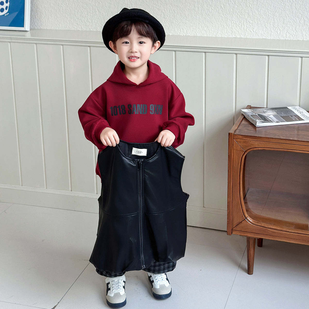 Boys Autumn Three-Piece Outfit Set with Leather Vest, Hooded Sweatshirt and - product image 3