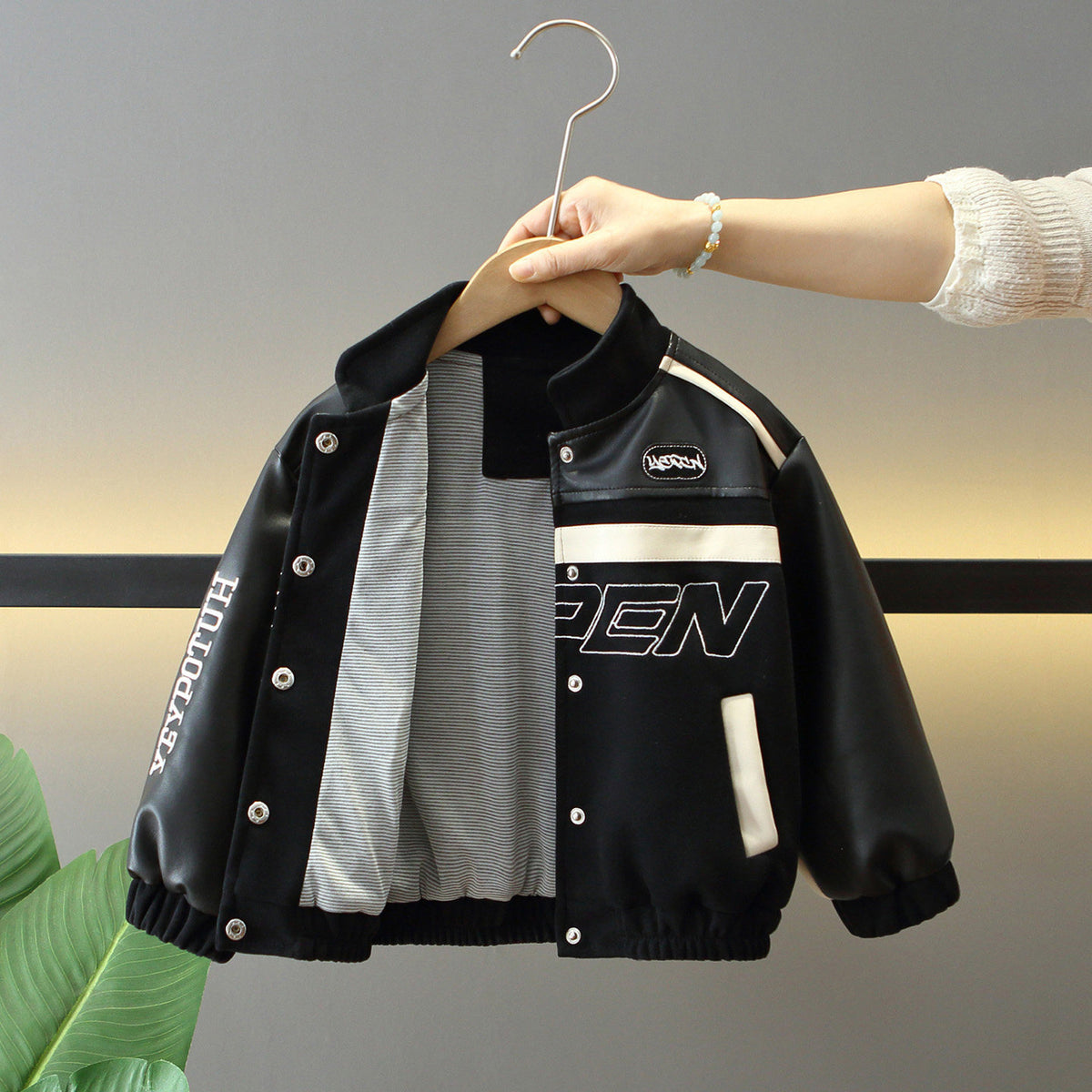 Boys' PU Leather Stand Collar Jacket
