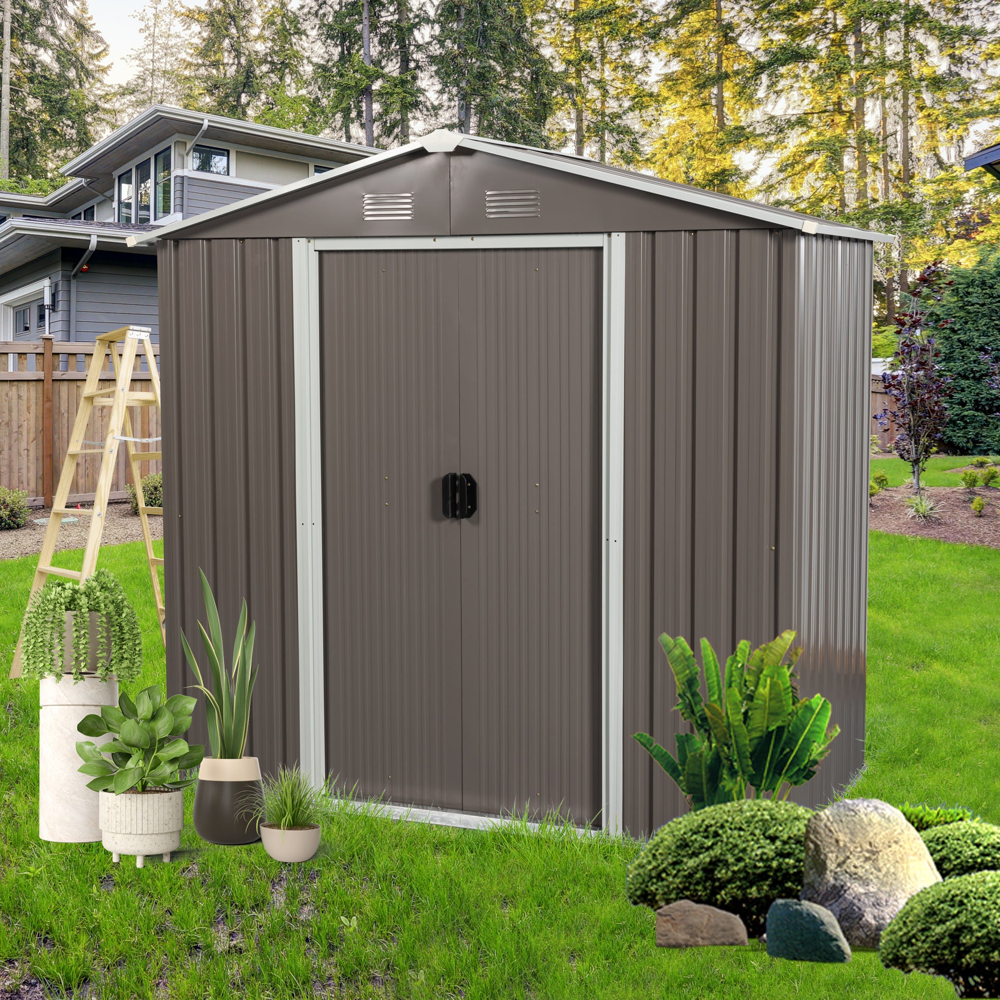 6ft x 4ft Outdoor Storage Shed with Metal Floor-to-Ceiling Lockable Sliding Door- Grey_1