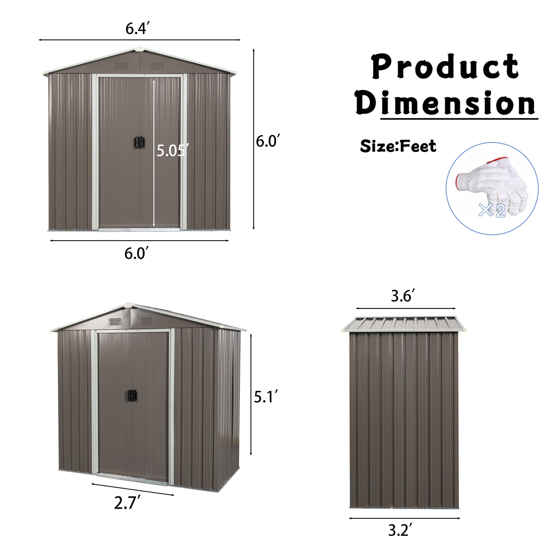 6ft x 4ft Outdoor Storage Shed with Metal Floor-to-Ceiling Lockable Sliding Door- Grey_6