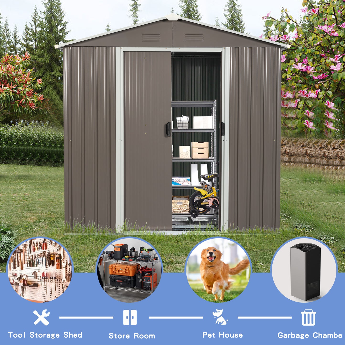 6ft x 4ft Outdoor Storage Shed with Metal Floor-to-Ceiling Lockable Sliding Door- Grey_5