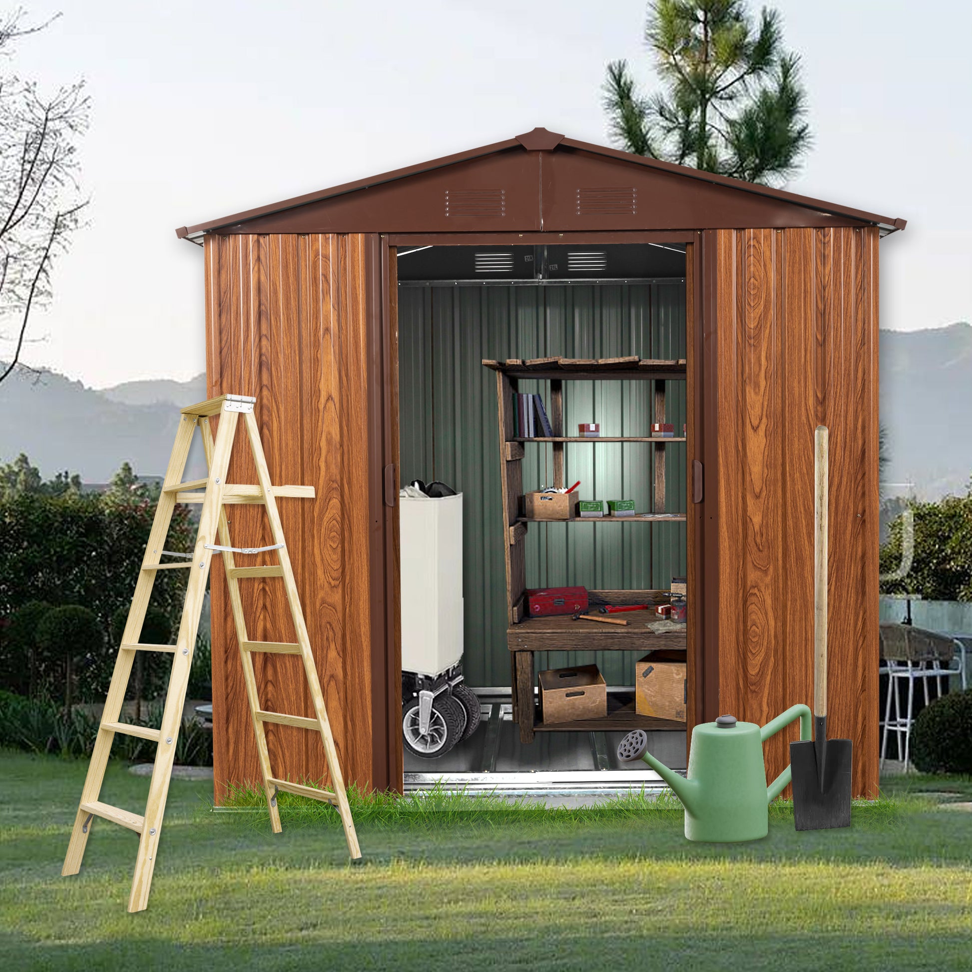 6ft x 6ft Outdoor Metal Storage Shed with Metal Floor Base and Window- Coffee_1